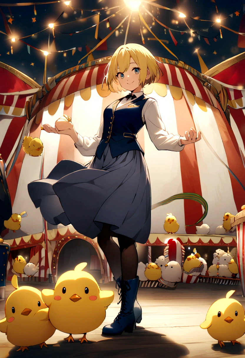 girl, whole body, short hair, Blonde Hair, small, yellow, smile,Circus, Chick, yellowと紺の衣装,Navy blue vest, Long navy blue boots