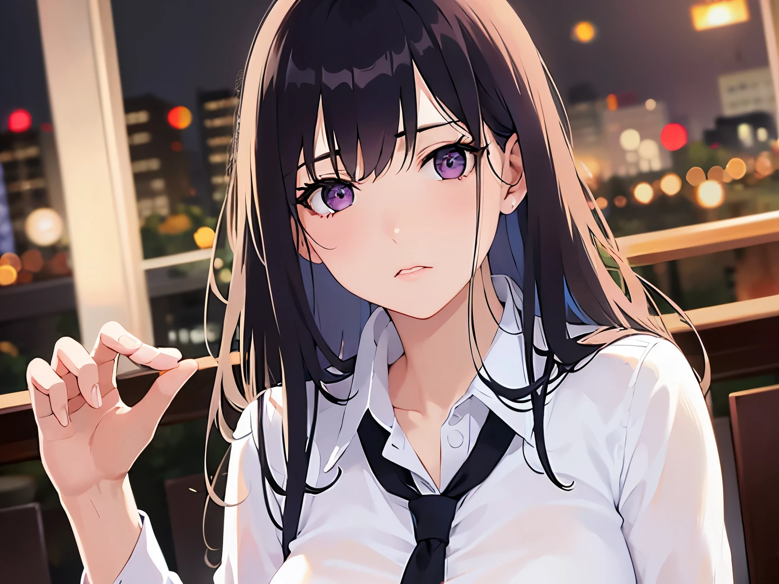 Detailed CG, Ultra-fine illustrations,masterpiece,Highest quality, AW Photos,Realistic,Upper Body,BREAK(White collared shirt:1.5)BREAK,(Pale skin:1.2),Glossy skin, shiny hair,(A 26-year-old woman with straight hair and bangs)and(Medium Hair)and(Black Hair)and(Purple eyes),(sad:1.5),(look down),(Biologically correct５Finger),The background is a night BAR,alone