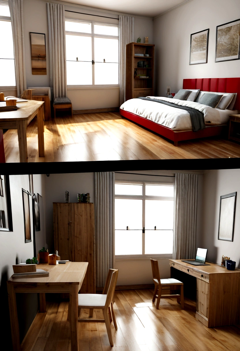 there is a room with a bed, desk, and a chair in it, 3d CAD rendering, basic 3 d rendering, photorealistic room, house interior, 3d unreal render, an interior of room, in style of 3d render, 3d scene, 3 d scene, inside of a bedroom, 3d cg, 3 d cg, very realistic 3 d render