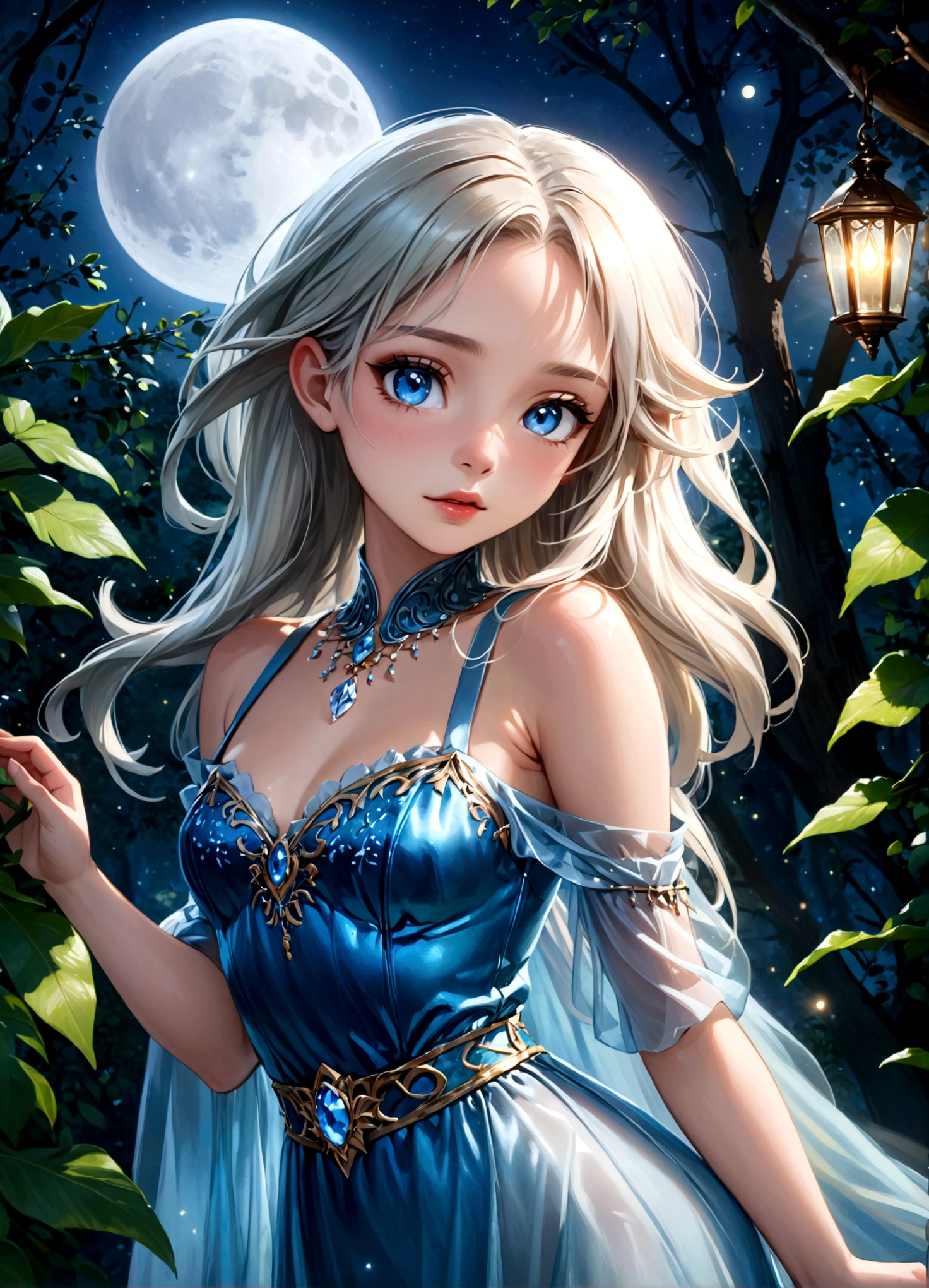 A beautiful young moon elf with waist-length hair, pale skin, and crystal blue eyes, wearing a sheer crystal silk evening gown, flirtatiously studying the viewer in a moonlit glade, (best quality,4k,8k,highres,masterpiece:1.2),ultra-detailed,(realistic,photorealistic,photo-realistic:1.37),portrait,fantasy,cinematic lighting,dramatic lighting,glowing skin,detailed facial features,long eyelashes,glossy lips,elegant pose,ethereal,shimmering fabric,moonlight,mist,full moon,lush foliage
