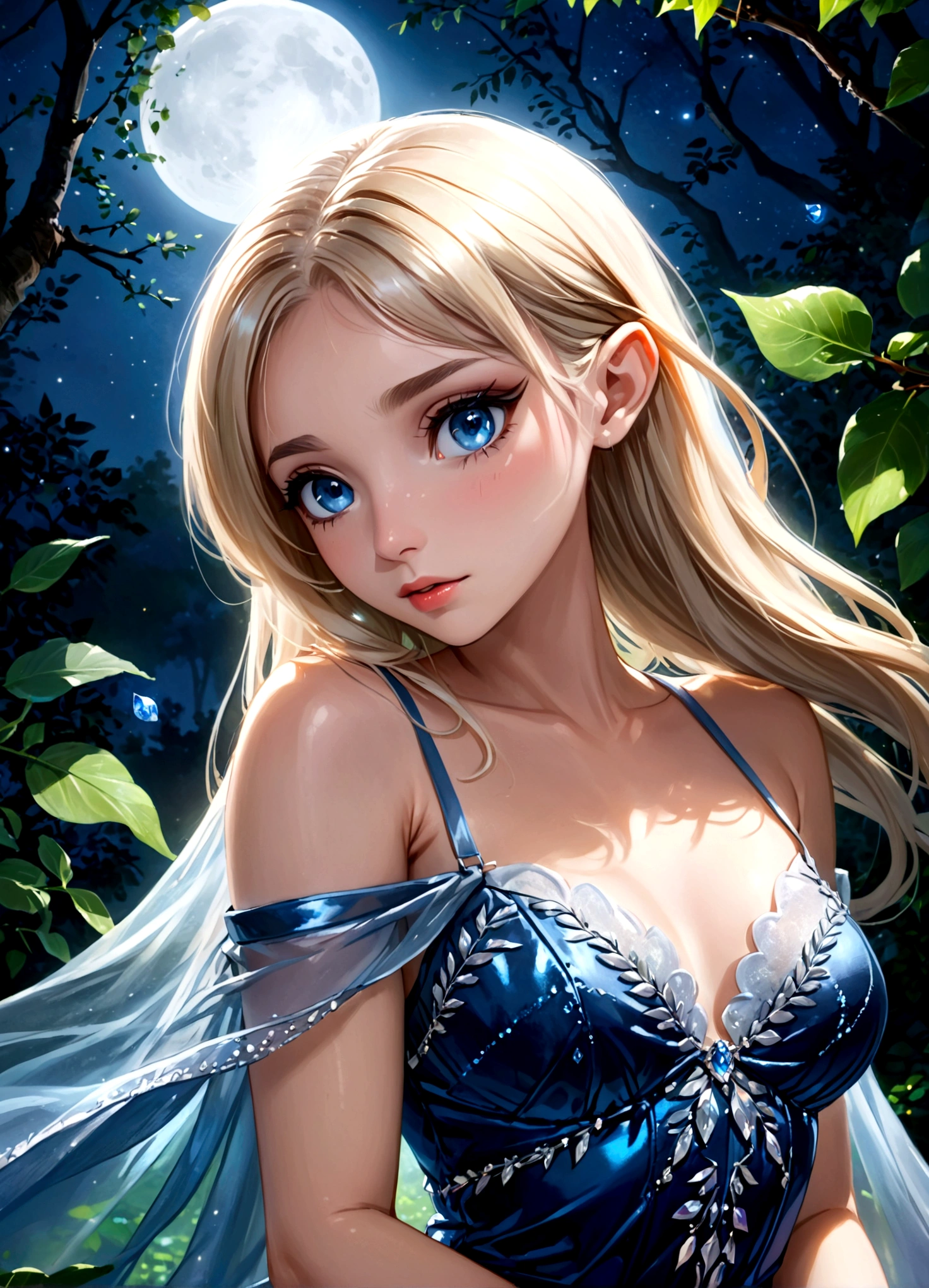 A beautiful young moon elf with waist-length hair, pale skin, and crystal blue eyes, wearing a sheer crystal silk evening gown, flirtatiously studying the viewer in a moonlit glade, (best quality,4k,8k,highres,masterpiece:1.2),ultra-detailed,(realistic,photorealistic,photo-realistic:1.37),portrait,fantasy,cinematic lighting,dramatic lighting,glowing skin,detailed facial features,long eyelashes,glossy lips,elegant pose,ethereal,shimmering fabric,moonlight,mist,full moon,lush foliage