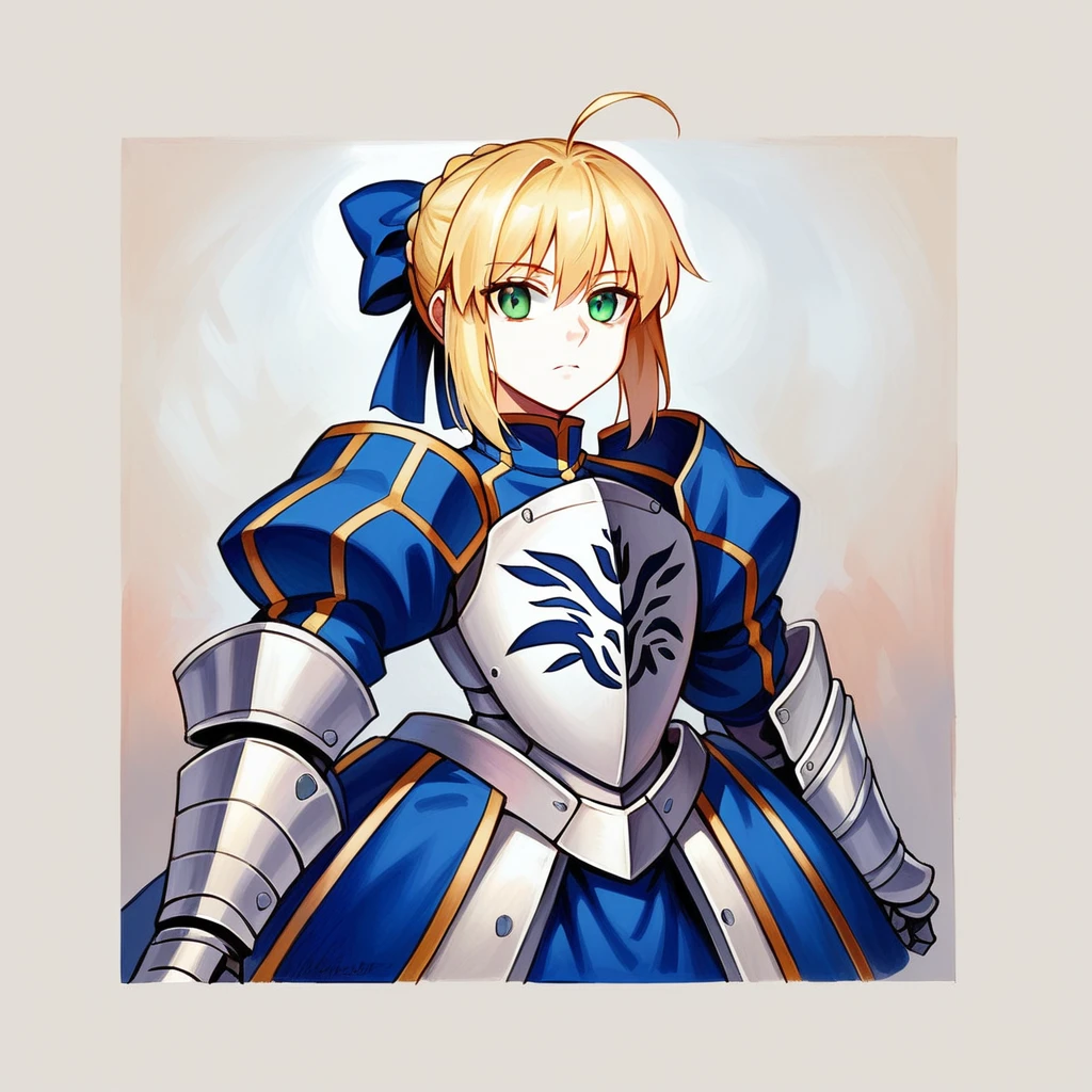 (masterpiece:1.2), (absurdres), (detailed face),(detailed eyes), (best quality) (traditional media:1.2)  , (white backround), upperbody, (expressionless),  artoria_pendragon_(fate), saber, armor, blonde hair, gauntlets, green eyes, hair ribbon, armored dress, ahoge, blue dress,