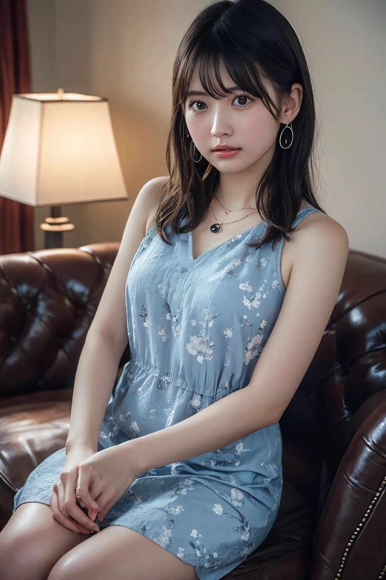 (Highest quality:1.4),(masterpiece:1.4),(Realistic:1.4),(Realistic:1.2),(超High resolution, RAW Photos:1.4),(High resolution, Ultra-detailed:1.2),(8K:1.2),View your viewers,Cinematic photography,One girl,skeletally correct,Black Hair Girl,(Small earrings,necklace,Light blue floral dress,View from the front),(Western-style building interior,Dimly lit room,The lamplight shines on my cheeks,Sit on the sofa)