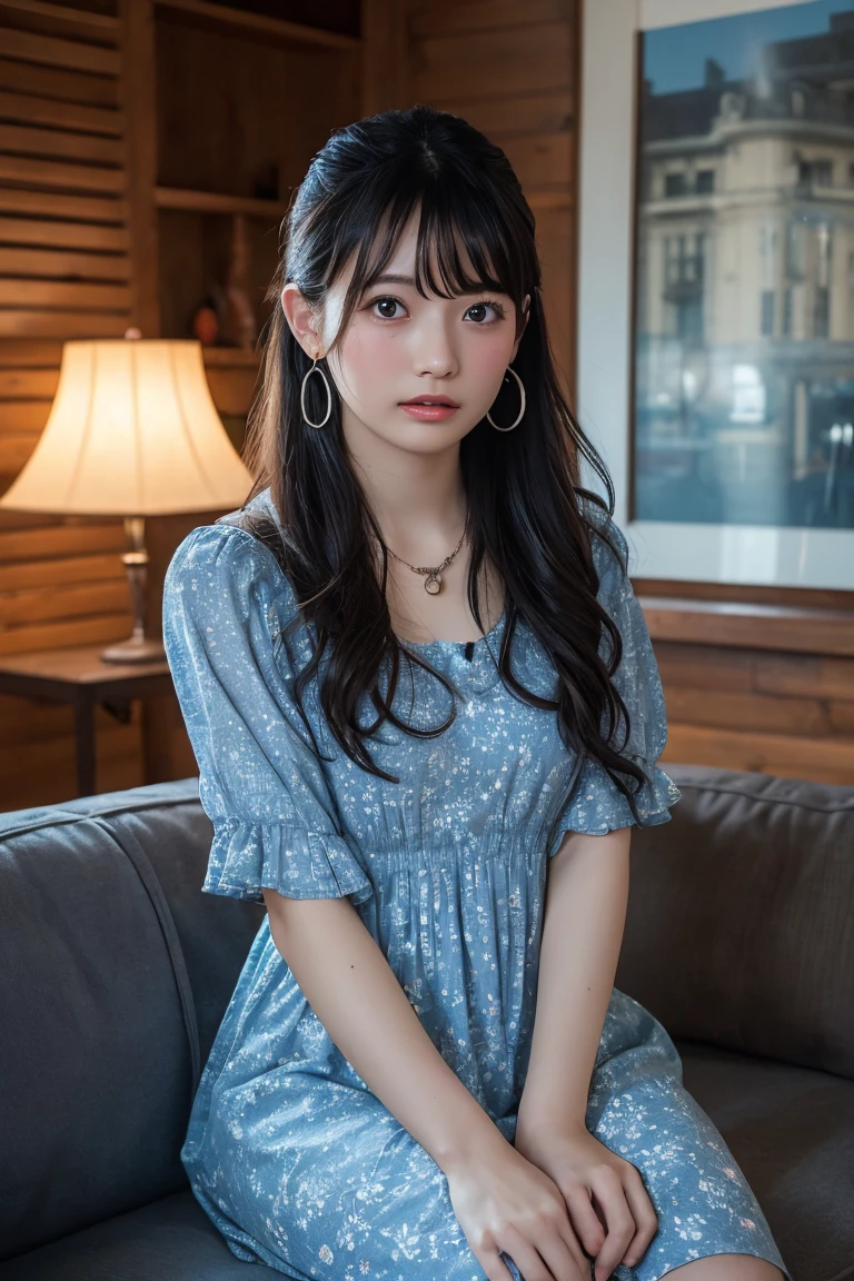 (Highest quality:1.4),(masterpiece:1.4),(Realistic:1.4),(Realistic:1.2),(超High resolution, RAW Photos:1.4),(High resolution, Ultra-detailed:1.2),(8K:1.2),View your viewers,Cinematic photography,One girl,skeletally correct，Black Hair Girl，(Small earrings，necklace，Light blue floral dress，View from the front),（Western-style building interior，Dimly lit room，The lamplight shines on my cheeks，Sit on the sofa）