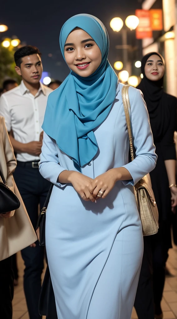 Malay girl long white hijab , wear sexy pastel blue office outfit, suits, smiling, wear gold necklace, front view, windy, detail skin, age spot, detail skin texture, mole below eyes, wide hips, thick thighs, beautiful body, morning, laughing, happy, bright lighting, people in background, nighttime, blur background, bokeh, location: kuala lumpur city street