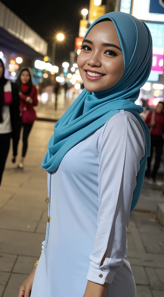 Malay girl long white hijab , wear sexy pastel blue office outfit, suits, smiling, wear gold necklace, front view, windy, detail skin, age spot, detail skin texture, mole below eyes, wide hips, thick thighs, beautiful body, morning, laughing, happy, bright lighting, people in background, nighttime, blur background, bokeh, location: kuala lumpur city street
