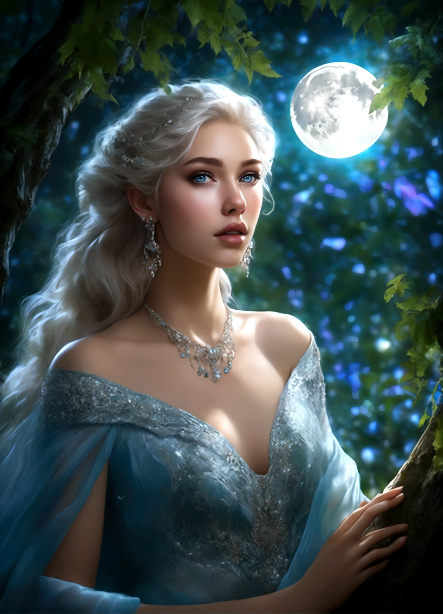 A beautiful young moon elf with waist-length hair, pale skin, and crystal blue eyes, wearing a sheer crystal silk evening gown, flirtatiously studying the viewer in a moonlit glade, (best quality,4k,8k,highres,masterpiece:1.2),ultra-detailed,(realistic,photorealistic,photo-realistic:1.37),portrait,fantasy,cinematic lighting,dramatic lighting,glowing skin,detailed facial features,long eyelashes,glossy lips,elegant pose,ethereal,shimmering fabric,moonlight,mist,full moon,lush foliage
