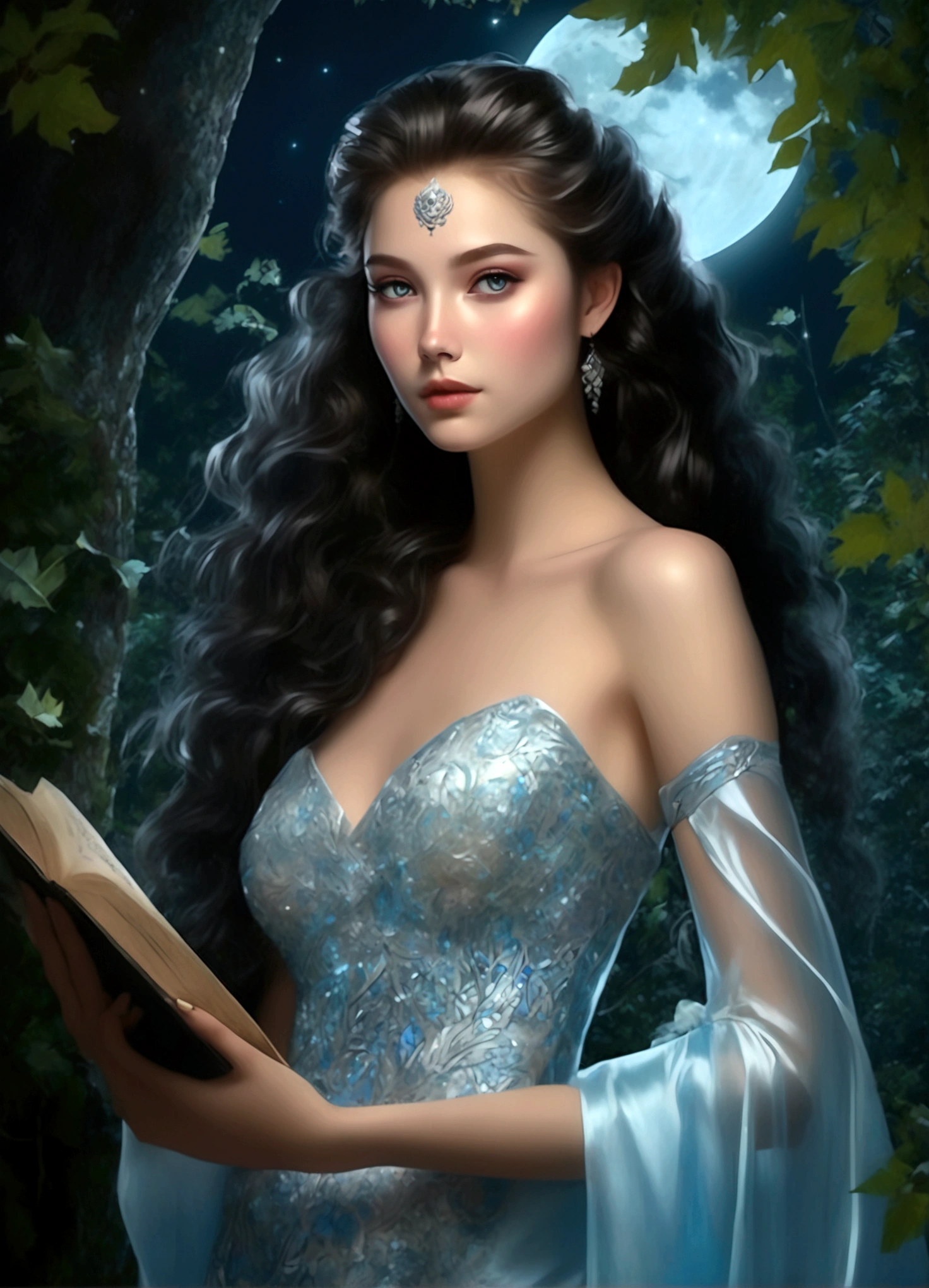A beautiful young moon elf with waist-length hair, pale skin, and crystal blue eyes, wearing a sheer crystal silk evening gown, flirtatiously studying the viewer in a moonlit glade, (best quality,4k,8k,highres,masterpiece:1.2),ultra-detailed,(realistic,photorealistic,photo-realistic:1.37),portrait,fantasy,cinematic lighting,dramatic lighting,glowing skin,detailed facial features,long eyelashes,glossy lips,elegant pose,ethereal,shimmering fabric,moonlight,mist,full moon,lush foliage