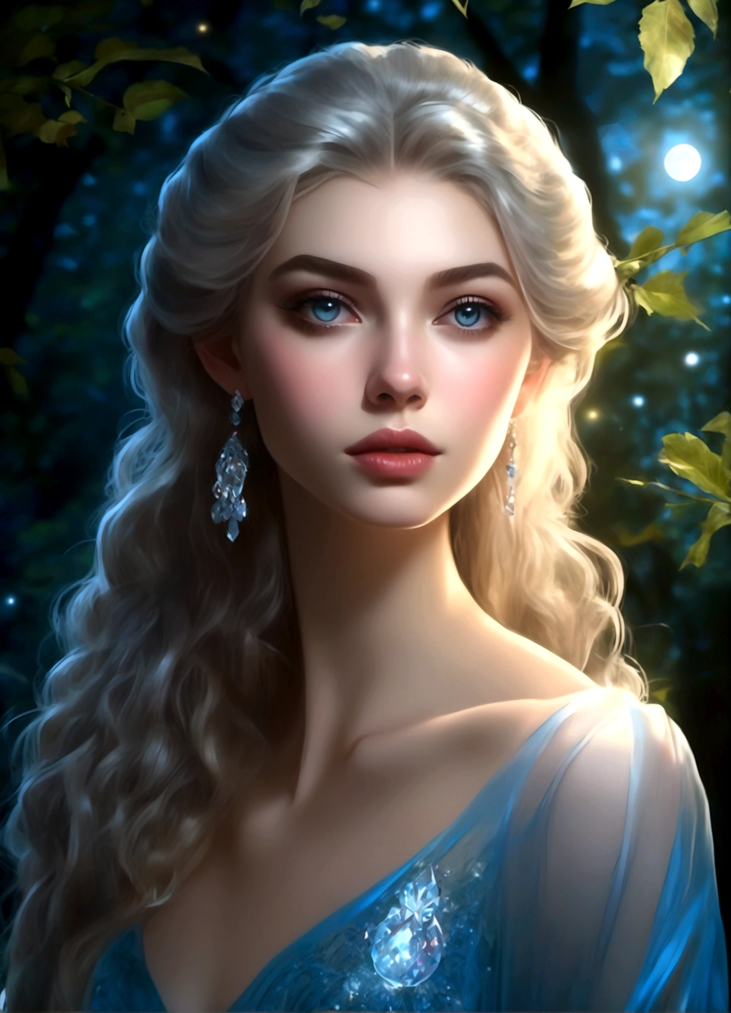 A beautiful young moon elf with waist-length hair, pale skin, and crystal blue eyes, wearing a sheer crystal silk evening gown, flirtatiously studying the viewer in a moonlit glade, (best quality,4k,8k,highres,masterpiece:1.2),ultra-detailed,(realistic,photorealistic,photo-realistic:1.37),portrait,fantasy,cinematic lighting,dramatic lighting,glowing skin,detailed facial features,long eyelashes,glossy lips,elegant pose,ethereal,shimmering fabric,moonlight,mist,full moon,lush foliage
