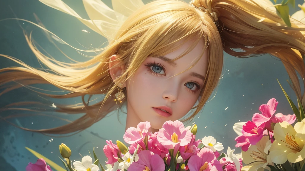 32k, Masterpiece, Highest quality, One girl, Detailed eyes, flower,gladiolus, Yellow and pink style,A dreamy, romantic piece,Pale yellow, Mysterious Leaves,A playful arrangement,Fantasy,High Contrast,Ink strokes,explosion,Exposure, Impression of yellow and white tones,Abstract,((Watercolours by John Berkey and Jeremy Mann )) Brush strokes,Negative Space, Tyndall effect,