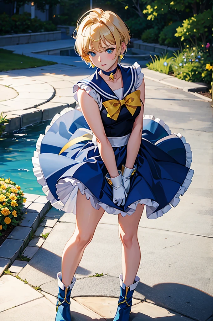 Sailor Uranus,One girl,Blonde,blue choker,Blue footwear,blue Sailor collar,blue skirt,boots,choker,Circlet,Earrings,gloves,jewelry,Magical girl,plant,Sailor collar,Sailor Mercury,Sailor Warrior Uniforms,Sailor Uranus,short hair,skirt,alone,star choker,tiara,very short hair,white gloves,Yellow ribbon