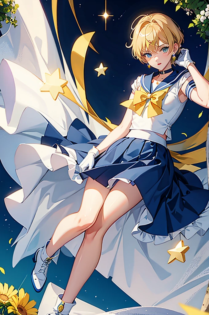 Sailor Uranus,One girl,Blonde,blue choker,Blue footwear,blue Sailor collar,blue skirt,boots,choker,Circlet,Earrings,gloves,jewelry,Magical girl,plant,Sailor collar,Sailor Mercury,Sailor Warrior Uniforms,Sailor Uranus,short hair,skirt,alone,star choker,tiara,very short hair,white gloves,Yellow ribbon