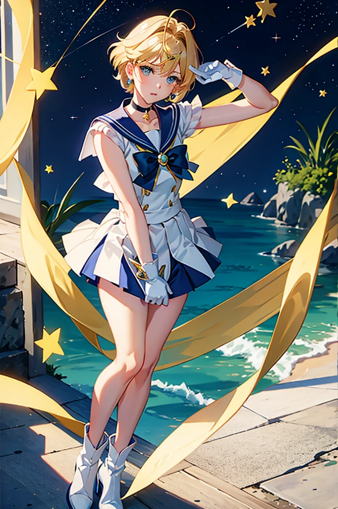 Sailor Uranus,One girl,Blonde,blue choker,Blue footwear,blue Sailor collar,blue skirt,boots,choker,Circlet,Earrings,gloves,jewelry,Magical girl,plant,Sailor collar,Sailor Mercury,Sailor Warrior Uniforms,Sailor Uranus,short hair,skirt,alone,star choker,tiara,very short hair,white gloves,Yellow ribbon