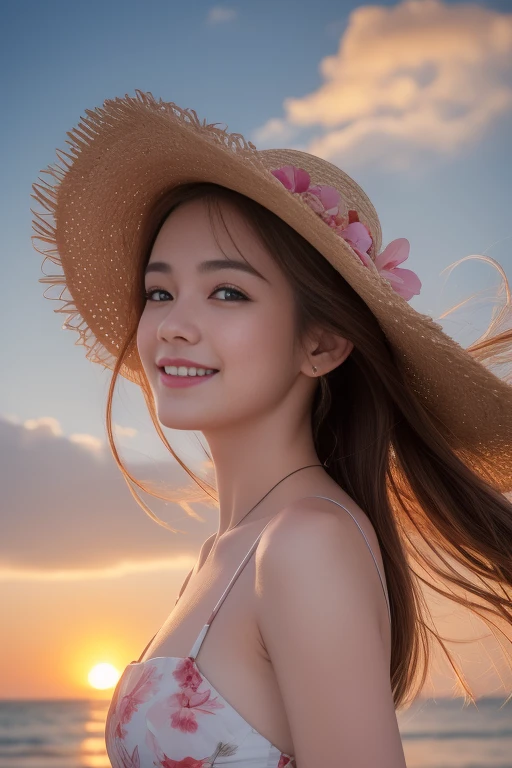(8K, Highest quality, masterpiece:1.2), (Realistic, Realistic:1.37), Super detailed, 1 Girl,cute,Alone,Beautifully detailed skies,date,(blush),(smile:1.3),(Mouth open)Small breasts,Beautiful attention to detail,(Long Hair: 1.2),Floating Hair NovaFrogStyle,( Whole body 1:2)、one piece、Straw hat、Blonde、ponytail、Sunset on the beach、Playing in the sea、Hibiscus flower、information