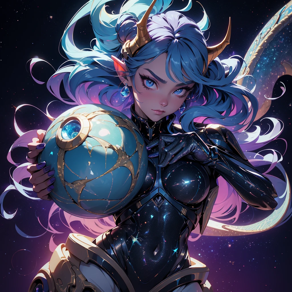 A space dragon sitting at the edge of the universe, lonely, sad, void, stars, the stars mixed in the sea, a sea of stars, ethereal woman, Blue and purple hair , space buns, space outfit, white black and gold outfit, golden dragon horns and tail, space outfit, space suit, mass effect suit, perfectly drawn face, black dress, stars detailed background, prismatic lighting, glitter, whole body, walking on the stars with crystal shoes A beautiful dragon humanoid woman with space hair of variant shades of blue and purple with space buns in hair , Golden scanes on the face and shoulders, Anime, 4k, Beautiful woman with a golden dragon tail and horns, Space hair, Floating in space, Vintage space Attire, floating through space, dancing, havign fun, Space Witch, Witch, Older woman, Toned physique, long hair with side bangs, humanoid face with scales, human with dragon horns and tail, witch outfit, body suit, thigh boots, wearing black, white and gold, blue hair, purple hair, Woman in space with water rippling reflecting the night sky, space and water mixed today, dancing in space, floating, ethereal dragon at the edge of the universe, end of the universe