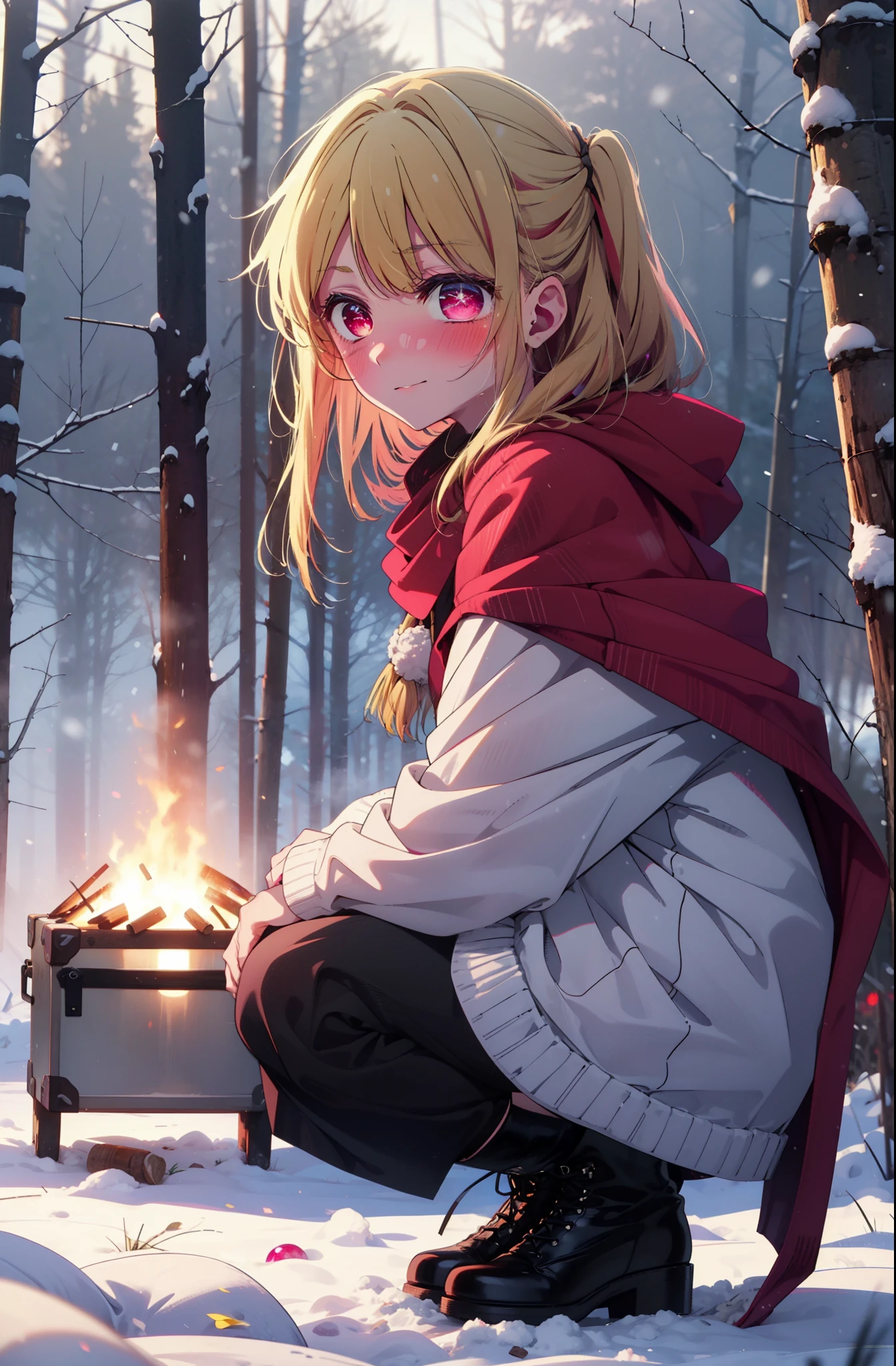 rubyhoshino, Hoshino Ruby, Long Hair, bangs, Blonde Hair, (Pink Eyes:1.3), Side Lock, (Symbol-shaped pupil:1.5), Multicolored Hair, Two-tone hair, smile,,smile,blush,White Breath,
Open your mouth,snow,Ground bonfire, Outdoor, boots, snowing, From the side, wood, suitcase, Cape, Blurred, , forest, White handbag, nature,  Squat, Mouth closed, Cape, winter, Written boundary depth, Black shoes, red Cape break looking at viewer, Upper Body, whole body, break Outdoor, forest, nature, break (masterpiece:1.2), highest quality, High resolution, unity 8k wallpaper, (shape:0.8), (Beautiful and beautiful eyes:1.6), Highly detailed face, Perfect lighting, Extremely detailed CG, (Perfect hands, Perfect Anatomy),