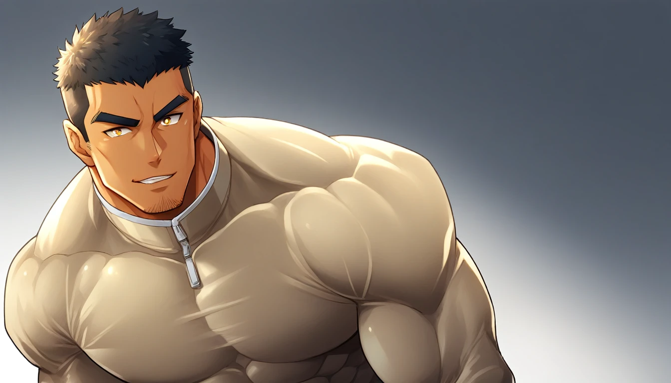 anime characters:Gyee, Muscle Sports Student, negro black skin, 1 dark skin muscular tough guy, Manliness, male focus, Light yellow high collar long sleeve tight T-shirt, Slightly transparent material, Very tight, Round, full and perky chest muscles, Slightly transparent, muscular male, muscular, only, Upper body, alone, Black short hair, Thick eyebrows, stubble, Yellow eyes, Grey background, simple background, amazing quality, best aesthetics, Ridiculous, bright pupils, crew cut, parted lips, seductive smile, torogao, naughty face, drop shadow, best quality