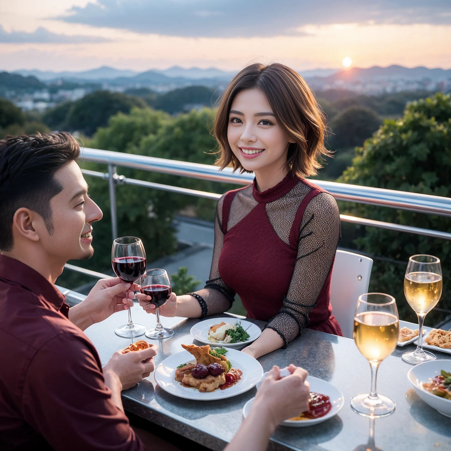 ((Highest quality、8K、masterpiece:1.3))、 (Ultra-realistic、 Genuine、Bright image、Intricate details:1.2), 最高のsmile、Slim Beauty、1 male、1 female、Beautiful couple、love love love、Lovers in Kyoto、Good friends、actress couple、smile、Full-course dinner at a packed table、 (Slim face), (the body is slim), (Brown Hair), (short hair), テーブルのwine glass、Please shine a light on my face、 Amazing view of the sunset sky and clouds、42 years old 39 years old, red wine 、Appetizers、Wine bottle、sparkling wine、Long sleeve shirt、dress、White wine, red wine, wine glass,