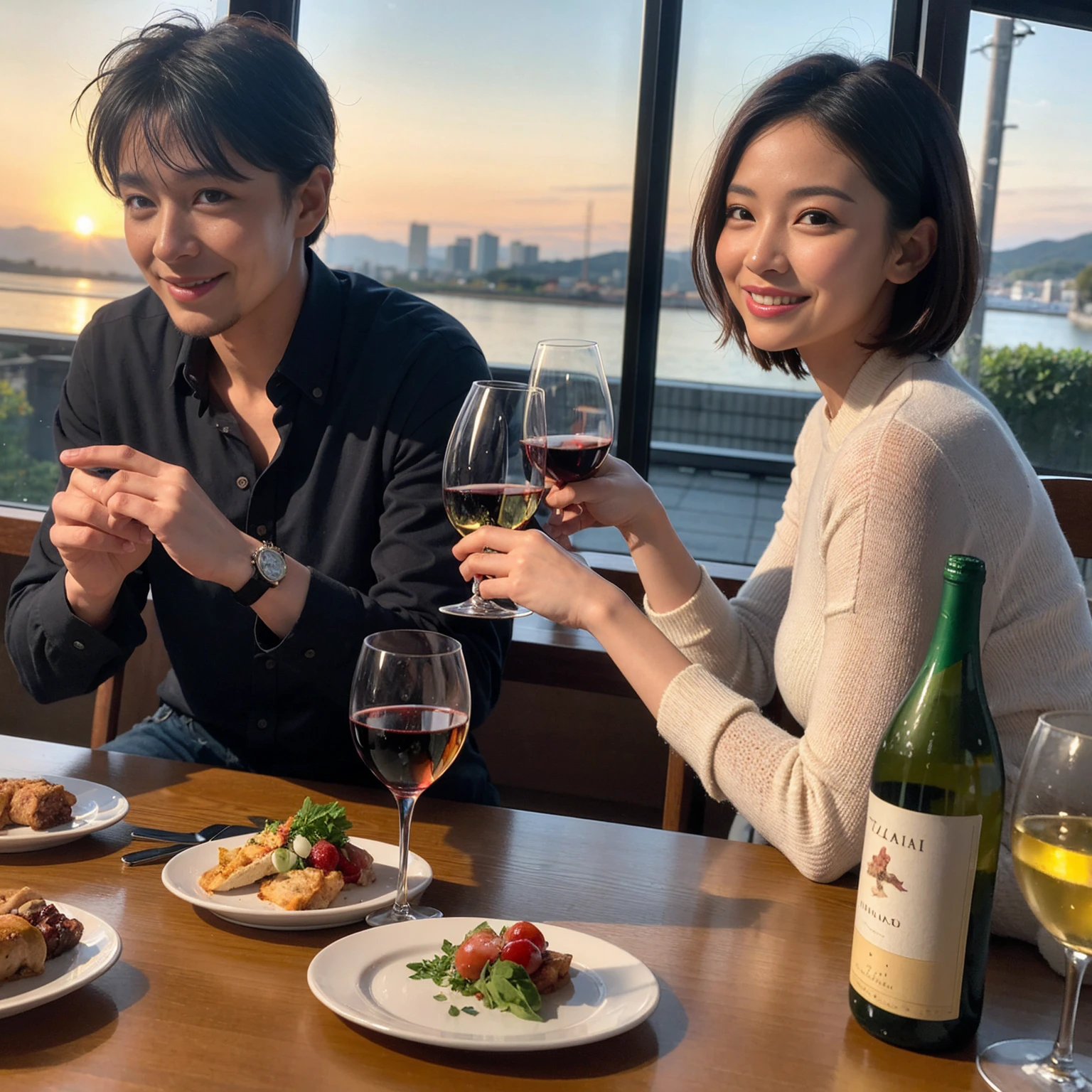 ((Highest quality、8K、masterpiece:1.3))、 (Ultra-realistic、 Genuine、Bright image、Intricate details:1.2), 最高のsmile、Slim Beauty、1 male、1 female、Beautiful couple、love love love、Lovers in Kyoto、Good friends、actress couple、smile、Full-course dinner at a packed table、 (Slim face), (the body is slim), (Brown Hair), (short hair), テーブルのwine glass、Please shine a light on my face、 Amazing view of the sunset sky and clouds、42 years old 39 years old, red wine 、Appetizers、Wine bottle、sparkling wine、Long sleeve shirt、dress、White wine, red wine, wine glass,