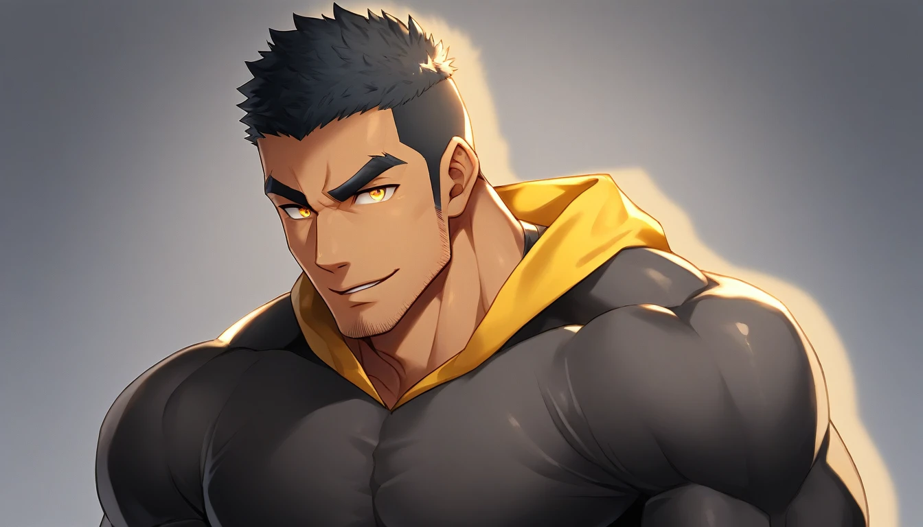 anime characters：Gyee, Muscle Sports Student, negro black skin, 1 dark skin muscular tough guy, Manliness, male focus, Light yellow high collar long sleeve tight T-shirt, Slightly transparent material, Very tight, Round, full and perky chest muscles, Slightly transparent, muscular male, muscular, only, Upper body, alone, Black short hair, Thick eyebrows, stubble, Yellow eyes, Grey background, simple background, amazing quality, best aesthetics, Ridiculous, bright pupils, crew cut, parted lips, seductive smile, torogao, naughty face, drop shadow, best quality