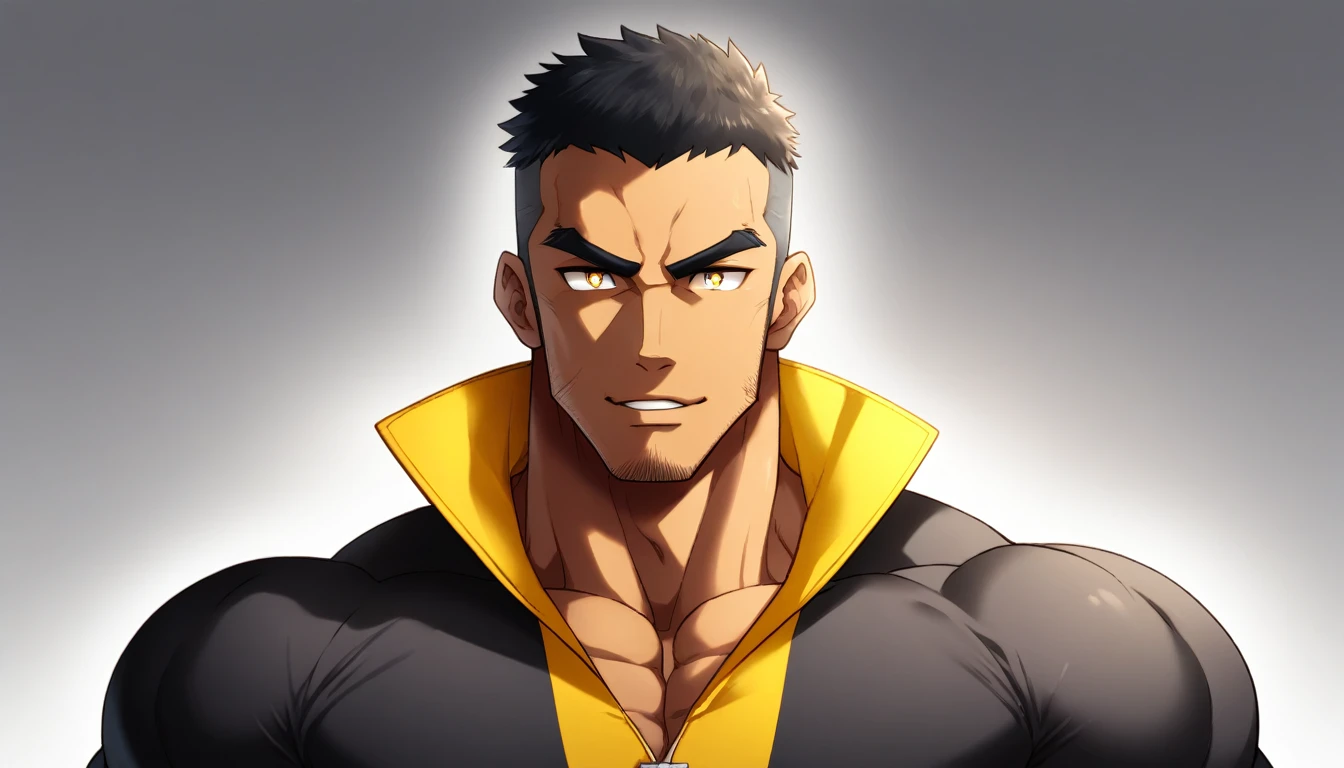 anime characters:Gyee, Muscle Sports Student, negro black skin, 1 dark skin muscular tough guy, Manliness, male focus, Light yellow high collar long sleeve tight T-shirt, Slightly transparent material, Very tight, Round, full and perky chest muscles, Slightly transparent, muscular male, muscular, only, Upper body, alone, Black short hair, Thick eyebrows, stubble, Yellow eyes, Grey background, simple background, amazing quality, best aesthetics, Ridiculous, bright pupils, crew cut, parted lips, seductive smile, torogao, naughty face, drop shadow, best quality