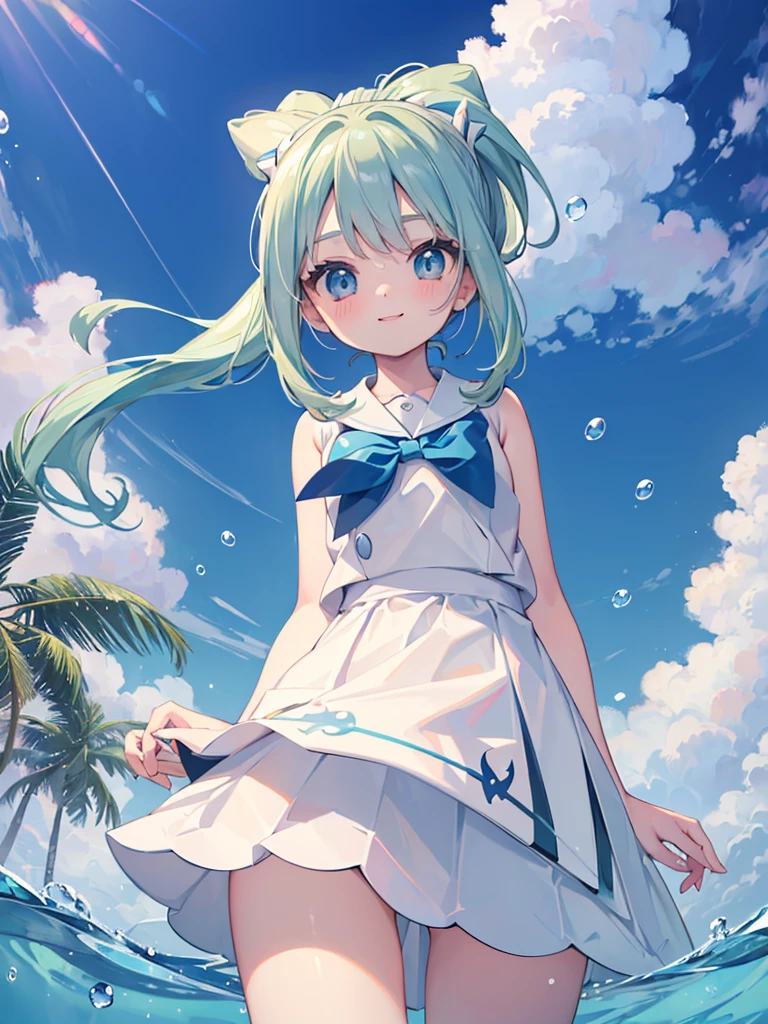 ((masterpiece)), Confused, ((Lily_Pokemon)), Aqua Eye, blonde,ponytail、Beautiful white skin、White ribbon, White Sailor Suit、White pleated skirt , Sleeveless, ((Charm))、smile、Perfect proportions、((Angle from below))、Water Drop、