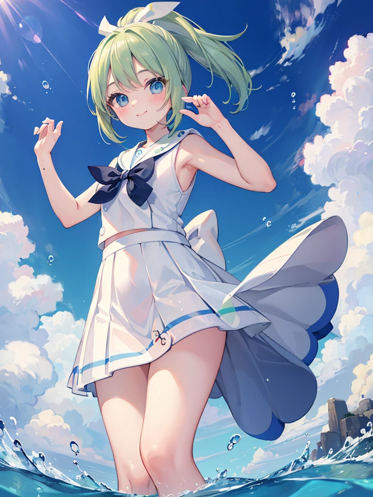 (La mejor calidad, 8k, 12), 1 girl, Fubuki, Pelo corto, cabello verde, bunnysuit, escote, small breast, El cuerpo perfecto, skinny body, Cara ultra detallada, Labios detallados, ojos delgados, squat, tentador, excitado, pezones marcados en la ropa,en celo, vapor, tembloroso, Wet