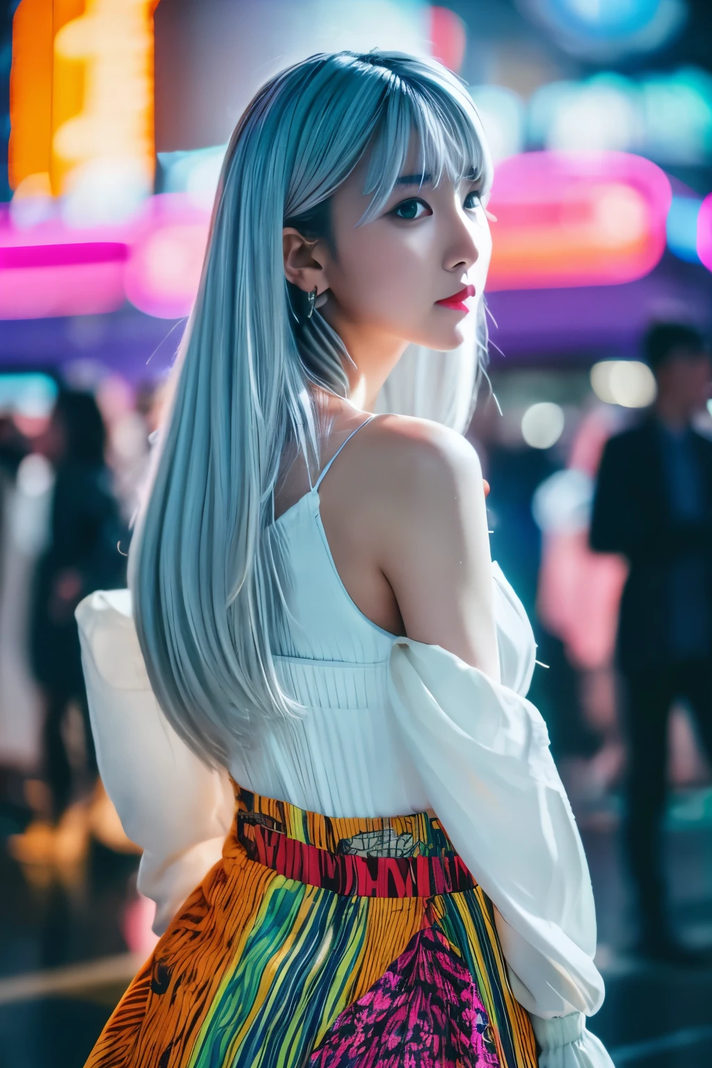 Masterpiece, high quality, high resolution, 8K, (solo:1.2), ((1girl)), Japanese woman, detailed face, detailed eyes, correct body structure, upper body, ((White hair:1.2)), very long hair, messy hair, slender body, seductive silhouette, luminous bones, depth of field, dark photo at nighttime, dimly lit, bangs, Cinematic Lighting, Tyndall effect, abstract background, futuristic outfits, vibrant colors, modern style, wide sleeves, artistic, unique patterns, colorful, stylish, trendy