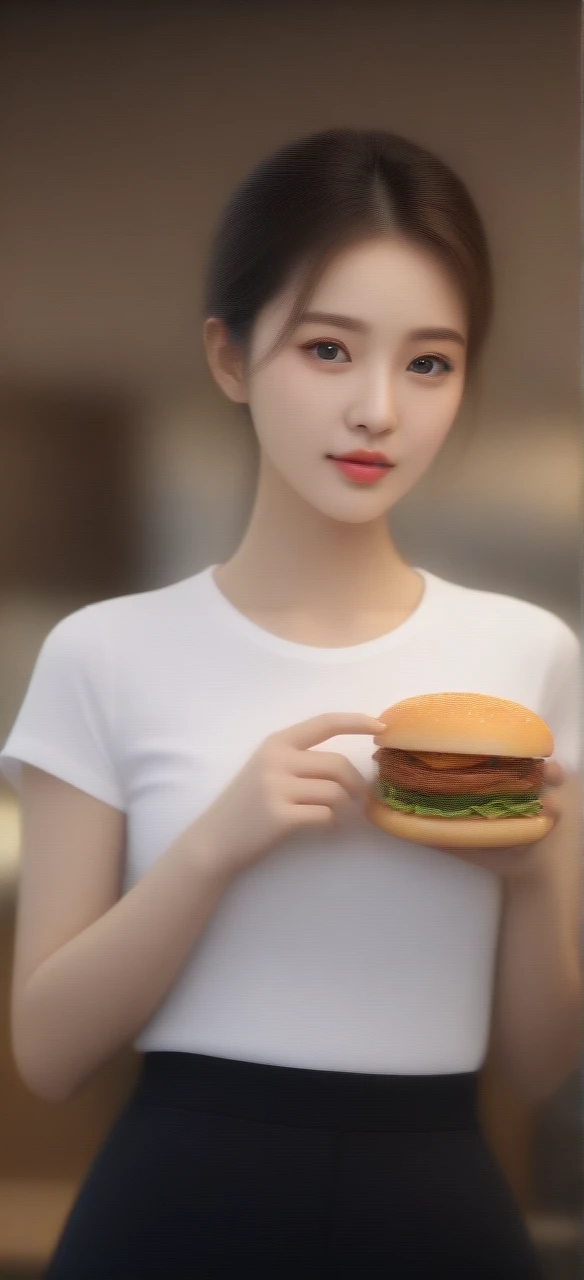 close-up of beautiful korean female, 34 inch breasts size, wearing fitting t-shirt, pants, holding burger, in restaurant, bokeh background,  UHD