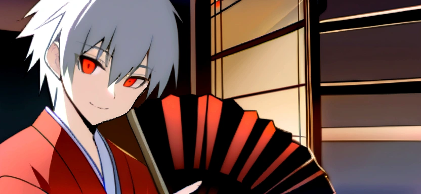 masterpiece, best quality, kaworu nagisa, cute, hot, elegant, seductive, red eyes, 1boy, ancient japan background, boy wearing female kimono, red decorative kimono, hair accessories, holding fan, smiling sweetly