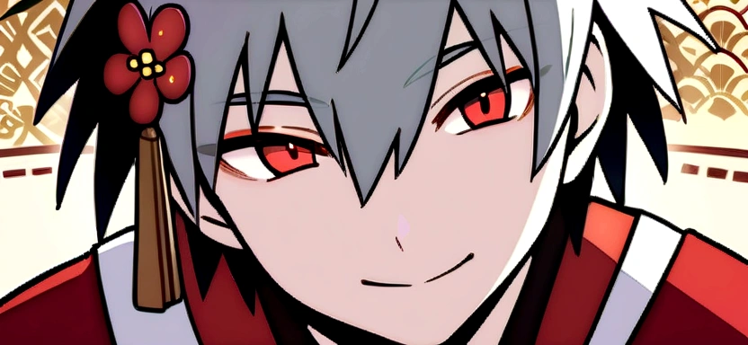 masterpiece, best quality, kaworu nagisa, cute, hot, elegant, seductive, red eyes, 1boy, ancient japan background, boy wearing female kimono, red decorative kimono, hair accessories, holding fan, smiling sweetly