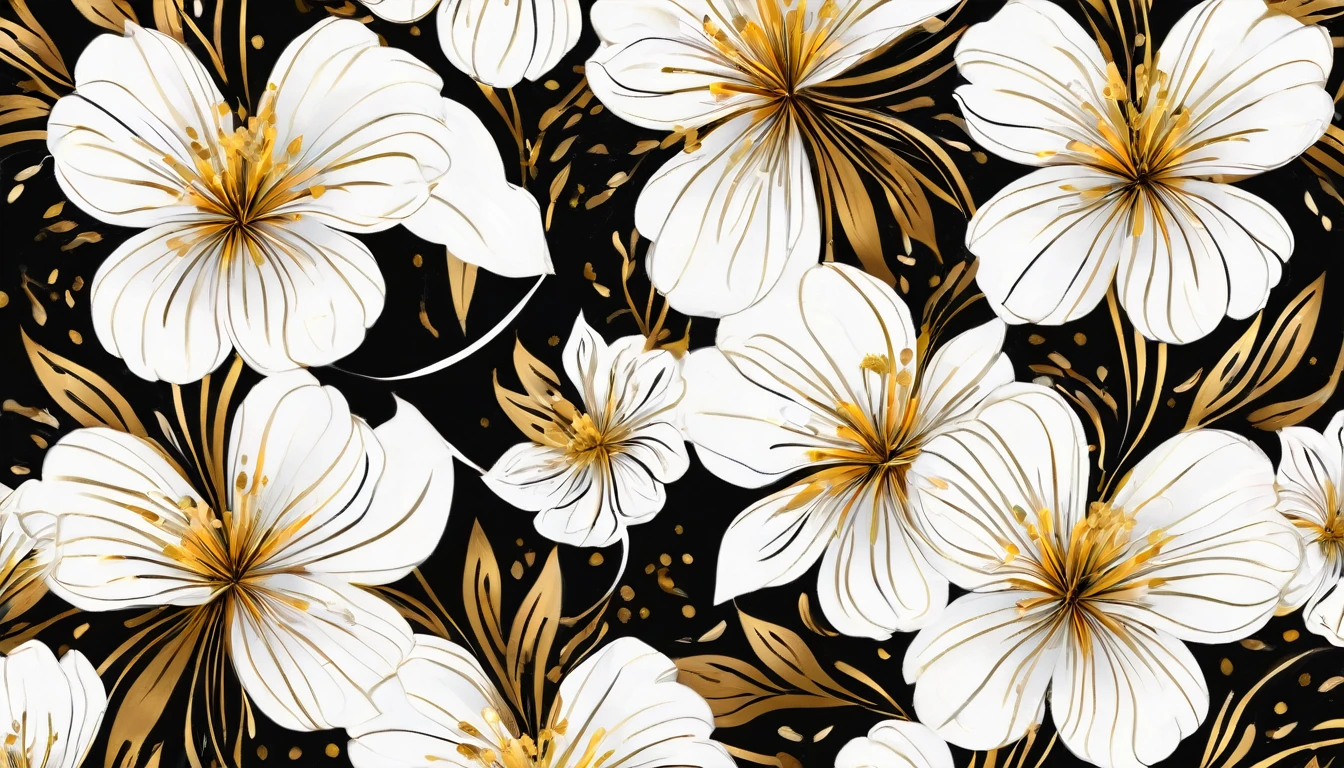 "Create a symmetrical 2D gift wrap design featuring two wide abstract flowing lines in bold black and white, along with one narrow line highlighted with a metallic golden effect. The design should incorporate flower vectors symmetrically arranged within the pattern. Ensure that the lines and floral elements weave and overlap harmoniously to achieve a striking and modern visual appeal, conveying a sense of elegance and symmetry."