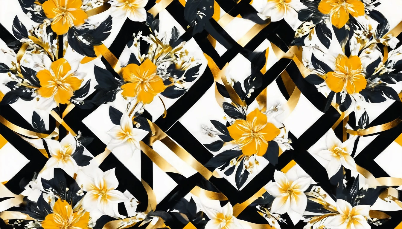 "Create a symmetrical 2D gift wrap design featuring two wide abstract flowing lines in bold black and white, along with one narrow line highlighted with a metallic golden effect. The design should incorporate flower vectors symmetrically arranged within the pattern. Ensure that the lines and floral elements weave and overlap harmoniously to achieve a striking and modern visual appeal, conveying a sense of elegance and symmetry."