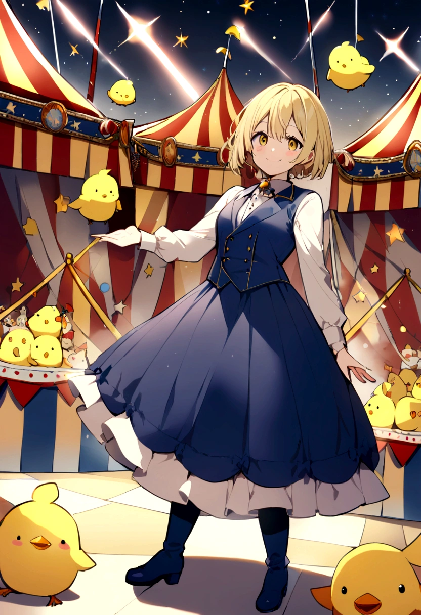 girl, whole body, short hair, Blonde Hair, small, yellow, smile,Circus, Chick, yellowの衣装,Navy blue vest, Long navy blue boots