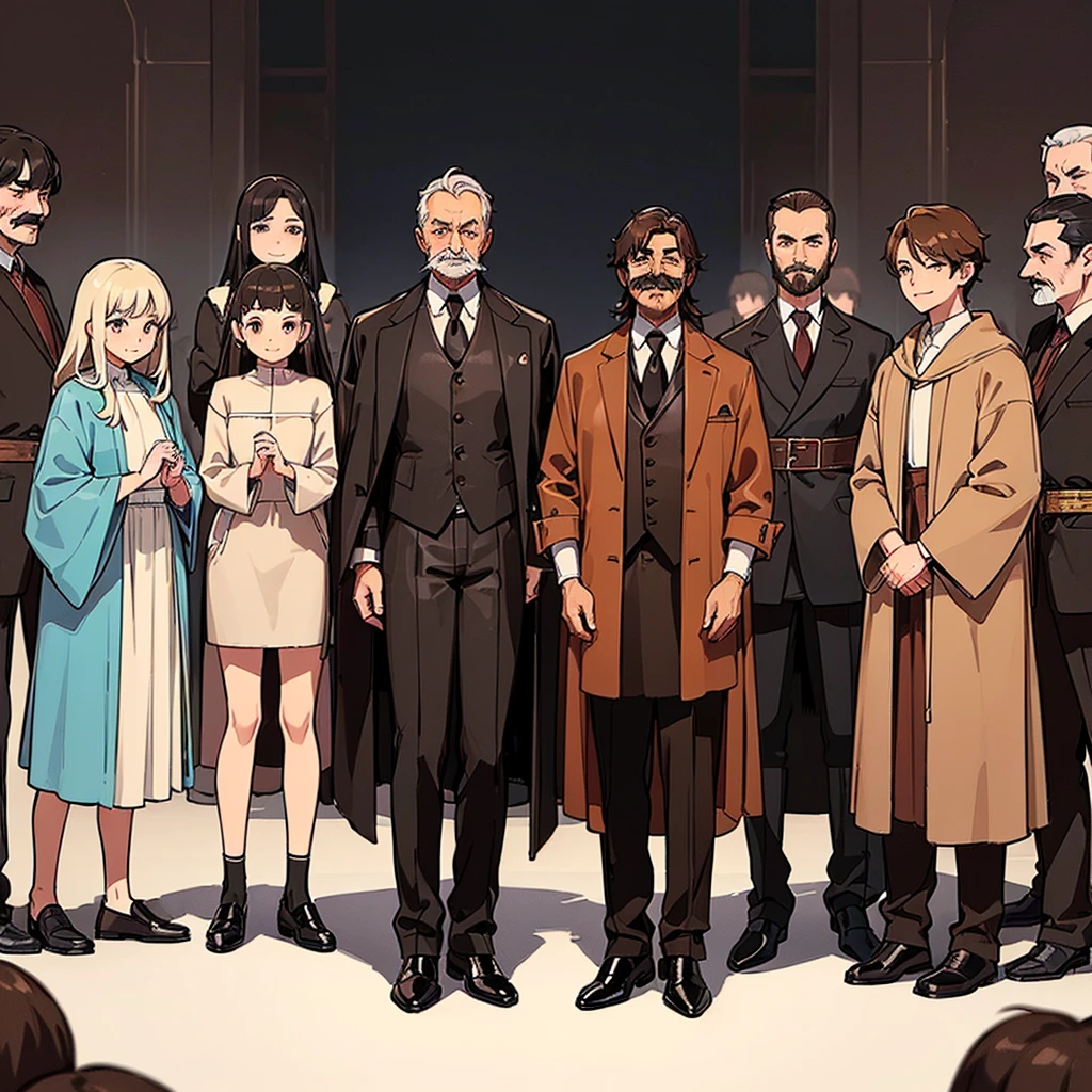 ((((Full body character concept、10 people))))、Highest quality, Best Quality,Best illustrationiddle ages、(((Simple brown robe、Black leather shoes)))、(40-year-old uncle、Kaiser moustache)、(Close your eyes、Close your eyes、smile)、dance、(From the side、From above)