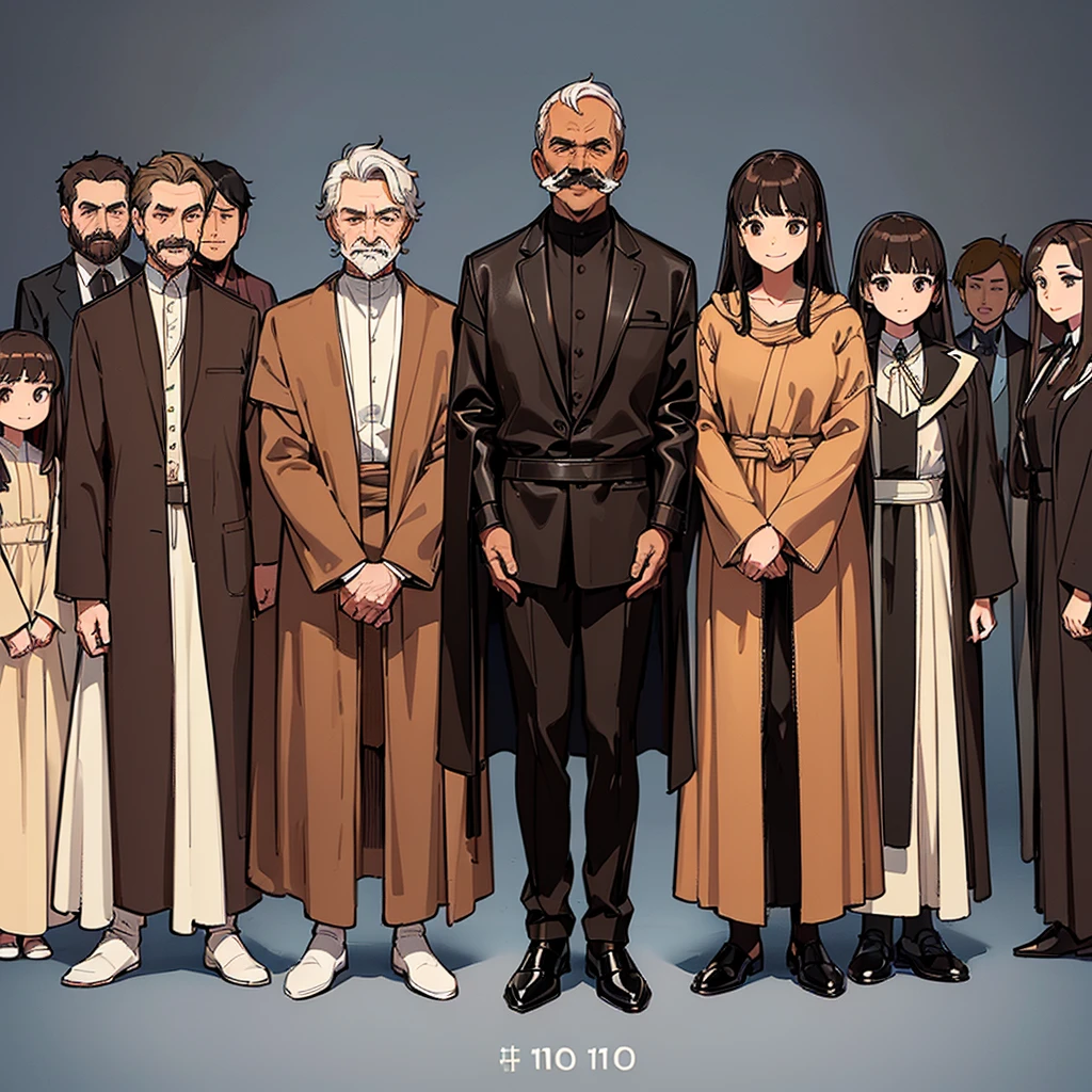 ((((Full body character concept、10 people))))、Highest quality, Best Quality,Best illustrationiddle ages、(((Simple brown robe、Black leather shoes)))、(40-year-old uncle、Kaiser moustache)、(Close your eyes、Close your eyes、smile)、dance、(From the side、From above)