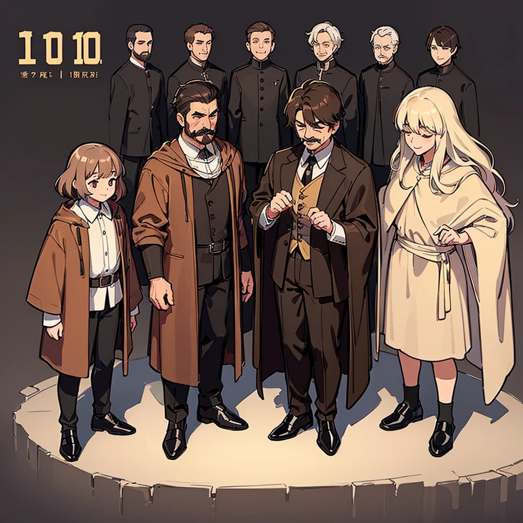 ((((Full body character concept、10 people))))、Highest quality, Best Quality,Best illustrationiddle ages、(((Simple brown robe、Black leather shoes)))、(40-year-old uncle、Kaiser moustache)、(Close your eyes、Close your eyes、smile)、dance、(From the side、From above)