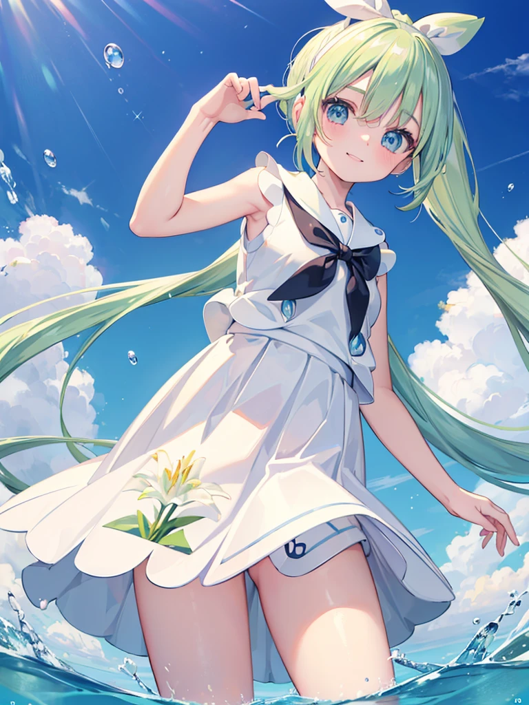 ((masterpiece)), Confused, ((Lily_Pokemon)), Aqua Eye, blonde,ponytail、Beautiful white skin、White ribbon, White Sailor Suit、White pleated skirt , Sleeveless, ((Charm))、smile、Perfect proportions、((Angle from below))、Water Drop、Simple Background