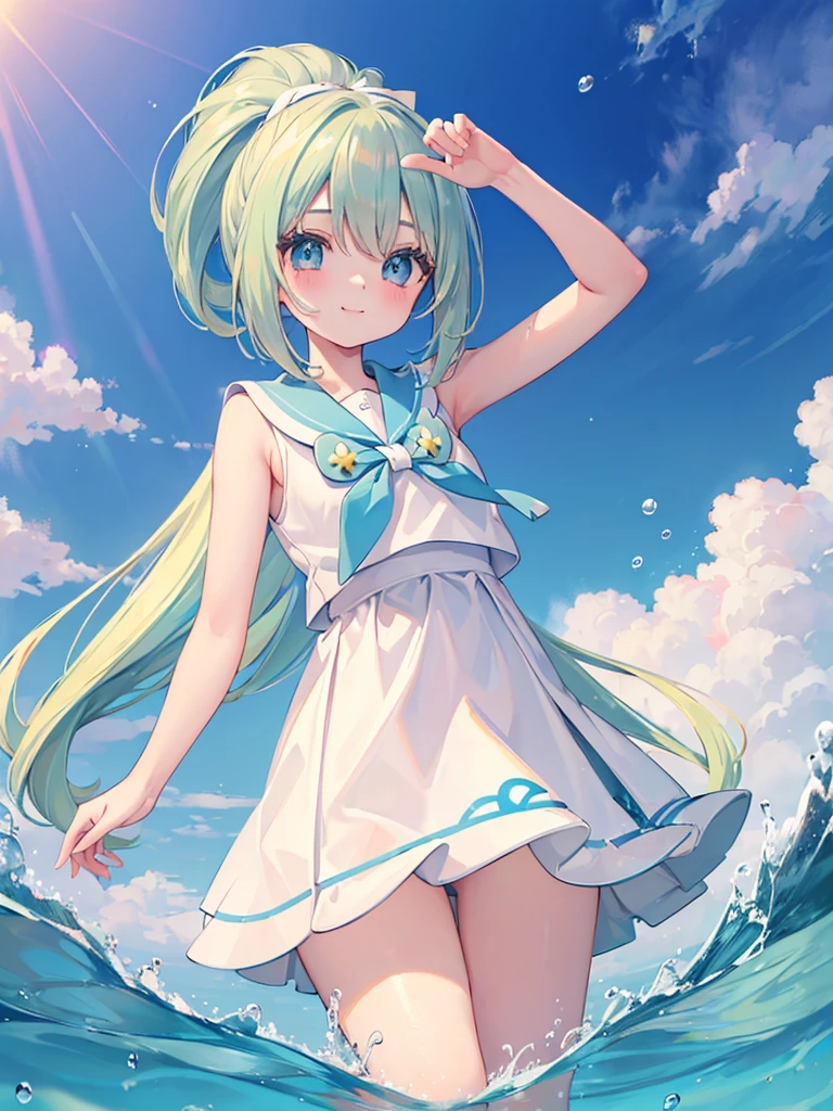((masterpiece)), Confused, ((Lily_Pokemon)), Aqua Eye, blonde,ponytail、Beautiful white skin、White ribbon, White Sailor Suit、White pleated skirt , Sleeveless, ((Charm))、smile、Perfect proportions、((Angle from below))、Water Drop、Simple Background