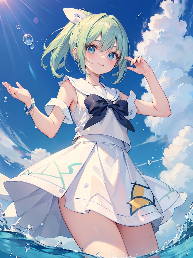 ((masterpiece)), Confused, ((Lily_Pokemon)), Aqua Eye, blonde,ponytail、Beautiful white skin、White ribbon, White Sailor Suit、White pleated skirt , Sleeveless, ((Charm))、smile、Perfect proportions、((Angle from below))、Water Drop、Simple Background