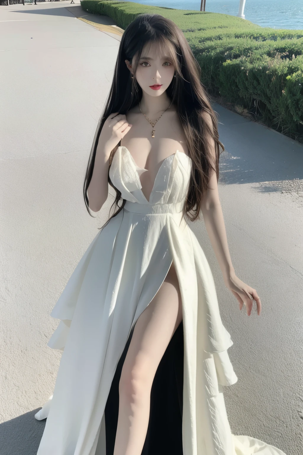 Beautiful woman with perfect body：1.4，Prominent cleavage，Layered Hairstyle，Highly detailed face and skin textures，Double eyelids，Skin Whitening，Long hair，Whitened long legs，（Black evening gown，necklace），Standing by the sea，Half-length photo