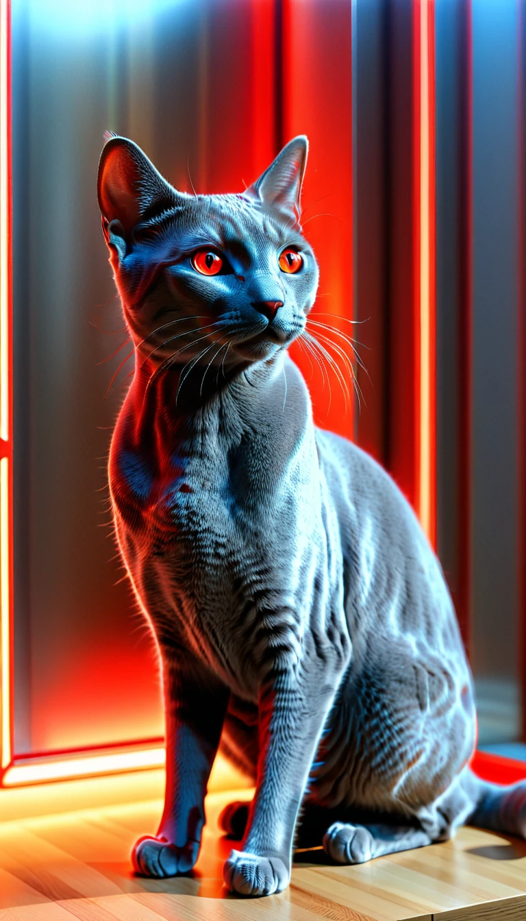 There is no one, realistic photo, realism, Russian Blue (Russian Blue) cat, future oriented, metal decoration, Shining red light inside, hollow interior, Polish, ray tracing, perfect composition, intricate details, Very sharp, masterpiece, profile, high resolution