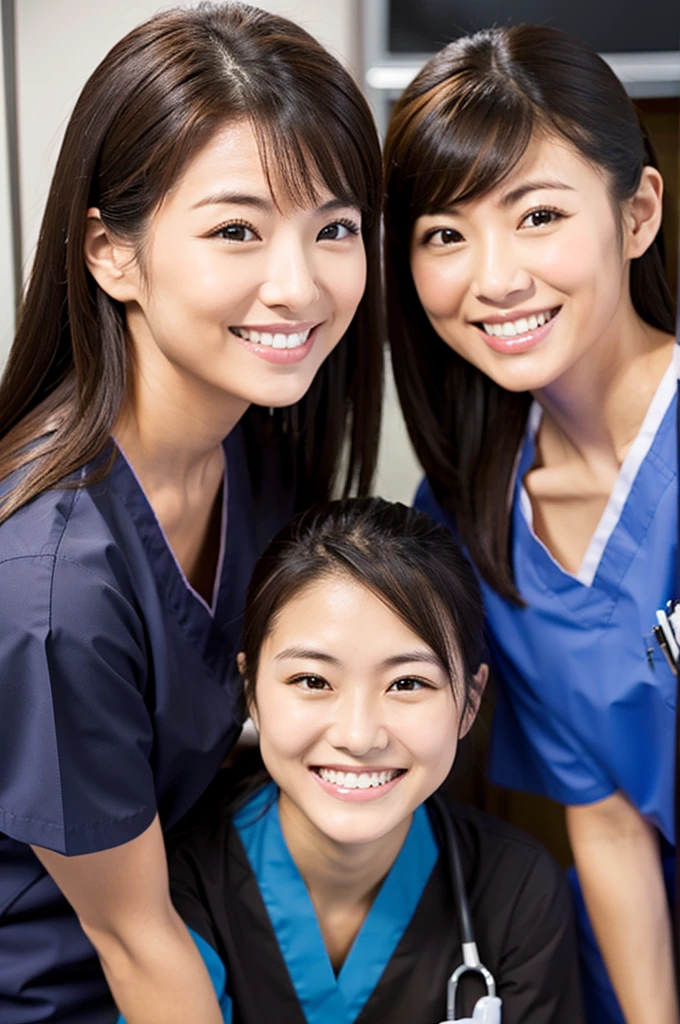 Dental hygienist, only two women Side by side, smiling, wearing black medical scrubs Brown, short sleeves, cute, Japanese, black hair, female, early 20s Upper body close-up high resolution Highest quality Don't press your face too much