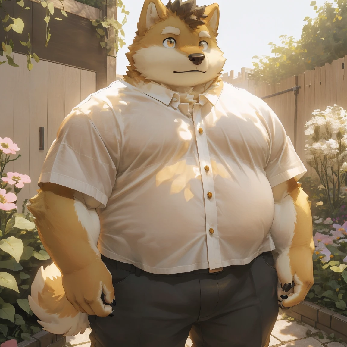 masterpiece, best quality, 8k resolution, Very detailed, hairy,Shiba Inu,(Black hair),(((golden fur))),(((Golden Eyes))),Chubby,Chubby face,(((White shirt))),(((Loose shirt))),((Black pants)),Highest quality scene,(((Solitary))),(((solitary))),((Crossbody Bags)),((garden)),(((Sunlight))),(((Standing))),(((Round face))),(((whole body))),(((Medium shot)))