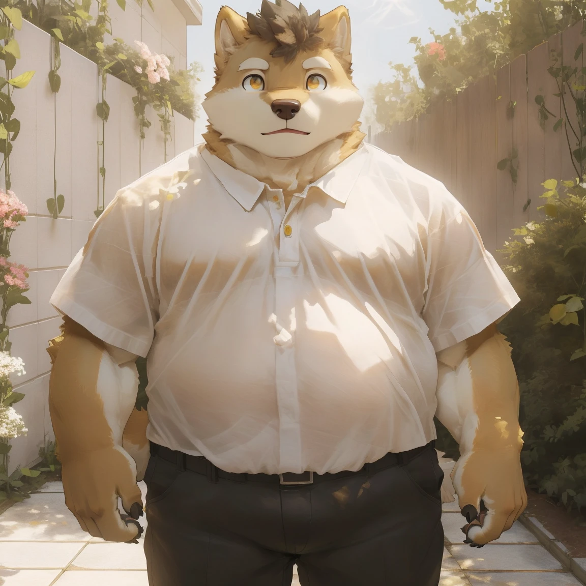 masterpiece, best quality, 8k resolution, Very detailed, hairy，Shiba Inu，(Black hair)，(((golden fur)))，(((Golden Eyes)))，Chubby，Chubby face，(((White shirt)))，(((Loose shirt)))，((Black pants))，Highest quality scene，(((Solitary)))，(((solitary)))，((Crossbody Bags))，((garden))，(((Sunlight)))，(((Standing)))，(((Round face)))，(((whole body)))，(((Medium shot)))