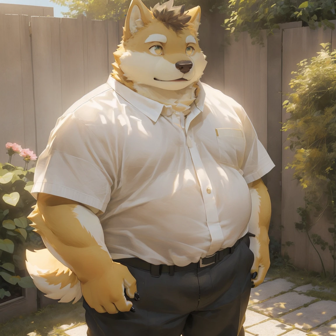 masterpiece, best quality, 8k resolution, Very detailed, hairy,Shiba Inu,(Black hair),(((golden fur))),(((Golden Eyes))),Chubby,Chubby face,(((White shirt))),(((Loose shirt))),((Black pants)),Highest quality scene,(((Solitary))),(((solitary))),((Crossbody Bags)),((garden)),(((Sunlight))),(((Standing))),(((Round face))),(((whole body))),(((Medium shot)))