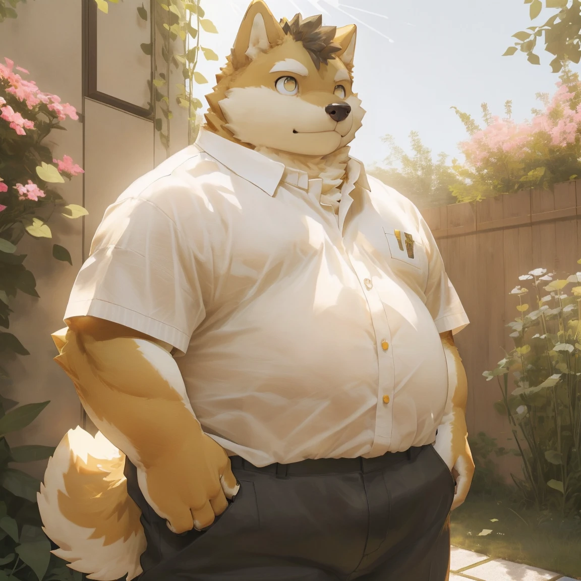 masterpiece, best quality, 8k resolution, Very detailed, hairy，Shiba Inu，(Black hair)，(((golden fur)))，(((Golden Eyes)))，Chubby，Chubby face，(((White shirt)))，(((Loose shirt)))，((Black pants))，Highest quality scene，(((Solitary)))，(((solitary)))，((Crossbody Bags))，((garden))，(((Sunlight)))，(((Standing)))，(((Round face)))，(((whole body)))，(((Medium shot)))
