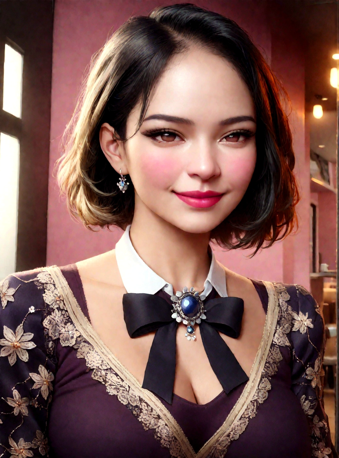 (8k, RAW photo, best quality, masterpiece:1.2), (realistic, photo-realistic:1.37), ultra-detailed,
1 girl,cute, solo,beautiful detailed sky,detailed cafe,night,sitting,dating,(nose blush),(smile:1.1),(closed mouth),large breasts, seductive smile, large aparture, professional lighting, Sony A7R4, Zessie 50mm F1.8,
medium breasts,beautiful detailed eyes,(collared shirt:1.1), bowtie,pleated skirt,(short hair:1.2),floating hair 