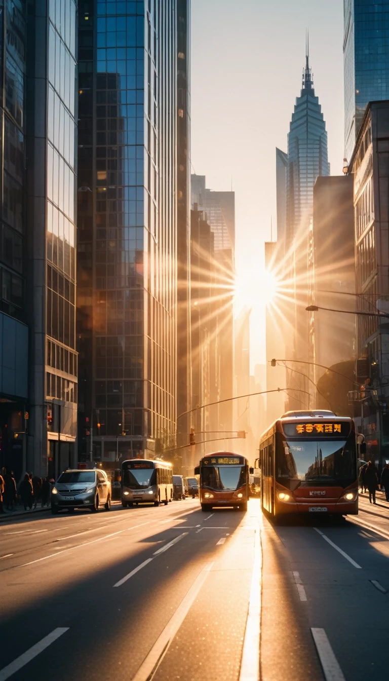 a city street at sunrise, city skyline, sunlight streaming through skyscrapers, cars and buses on the road, people walking, detailed reflections, film grain, bokeh, harsh morning sunlight, 8k, flare