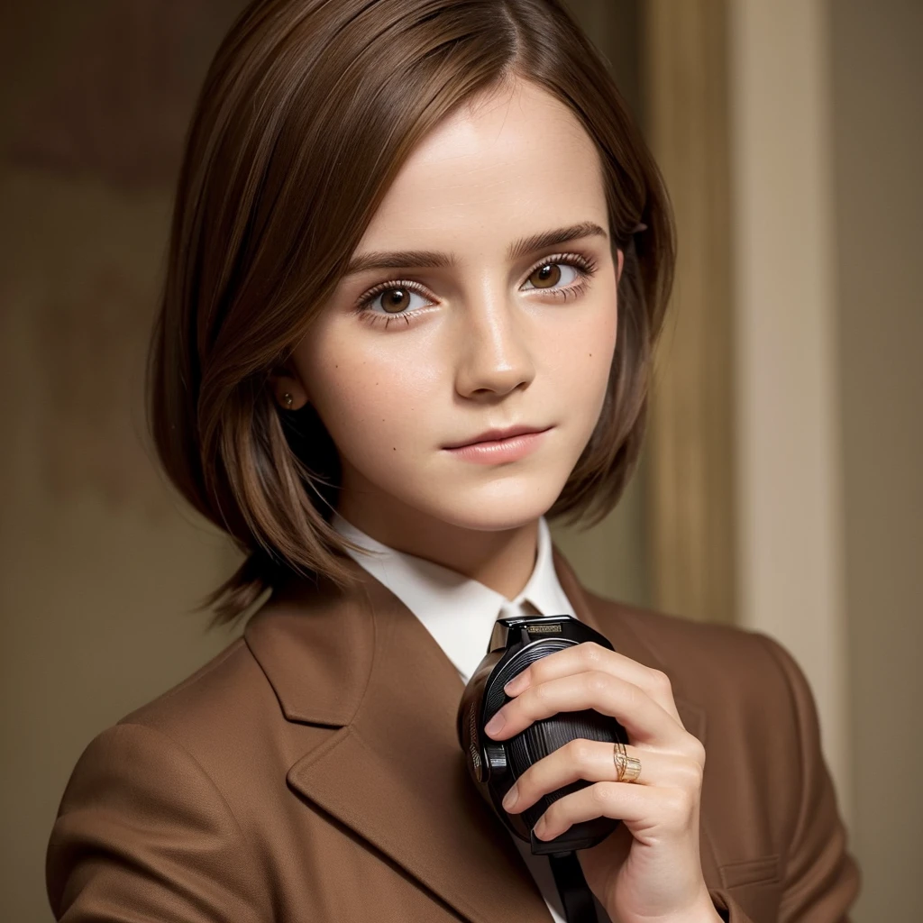 Close-up of a woman in a brown suit taking a photo, Emma Watson portrait, portrait of Emma Watson, clear portrait of Emma Watson, portrait photo of Emma Watson, Emma Watson as driada, Emma Watson modeling for gucci, karol bak of Emma Watson nun, Emma Watson, Emma!! Watson!!, photo of Emma Watson, with the face of Emma Watson